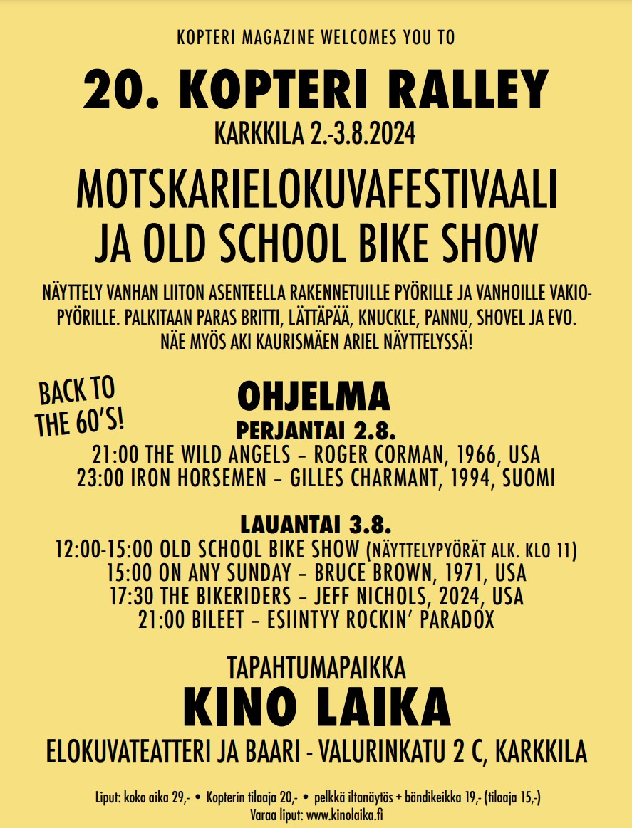 Motskarielokuvafestivaali ja bike show Kino Laikassa